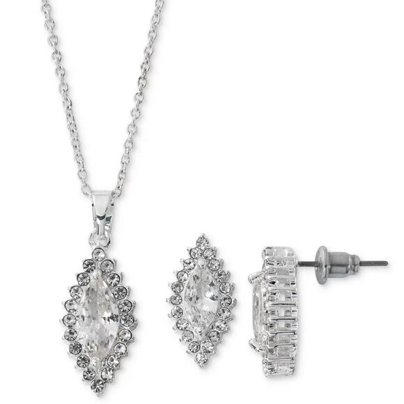 Cubic Zirconia Navette Pendant Necklace & Drop Earrings Set in Fine Silver Plate - Picture 1 of 7